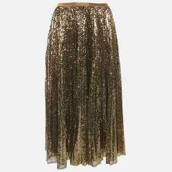 Pre Owned Polo Ralph Lauren Gold Sequin Plisse Midi Skirt XL
