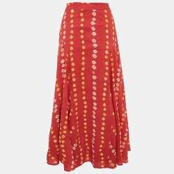 Pre Owned Polo Ralph Lauren Red Block Print Cotton Gauze Maxi Skirt M