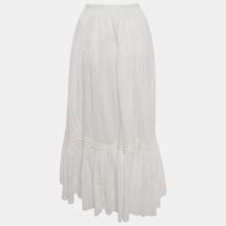 Pre Owned Polo Ralph Lauren White Lace Trim Cotton Tiered Midi Skirt L