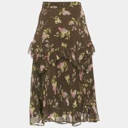 مملوكة مسبقًا تنورة ميدي بولو رالف لورين شيفون بنقشة زهور بني مزينة بالكشكش مقاس صغير - سمول