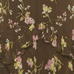 مملوكة مسبقًا تنورة ميدي بولو رالف لورين شيفون بنقشة زهور بني مزينة بالكشكش مقاس صغير - سمول