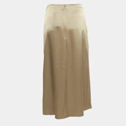 Pre Owned Polo Ralph Lauren Gold Satin Ruched Slit Detail Midi Skirt S