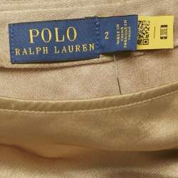 Pre Owned Polo Ralph Lauren Gold Satin Ruched Slit Detail Midi Skirt S