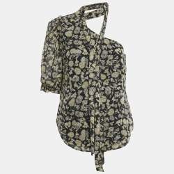 Pre Owned Polo Ralph Lauren Black Floral Print Chiffon One-Shoulder Top M