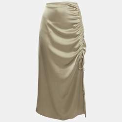 Pre Owned Polo Ralph Lauren Brown Satin Ruched Midi Skirt M