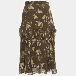 Pre Owned Polo Ralph Lauren Brown Floral Print Chiffon Ruffled Midi Skirt S