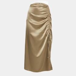 Pre Owned Polo Ralph Lauren Brown Satin Ruched Midi Skirt M