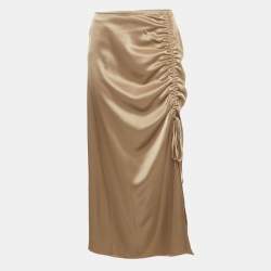 Pre Owned Polo Ralph Lauren Brown Satin Ruched Midi Skirt L