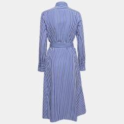 Pre Owned Polo Ralph Lauren Blue Striped Cotton Poplin Belted Shirt Dress M