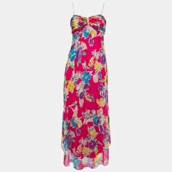 Pre Owned Polo Ralph Lauren Pink Floral Silk Spaghetti Strap Midi Dress M