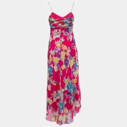 Pre Owned Polo Ralph Lauren Pink Floral Silk Spaghetti Strap Midi Dress M