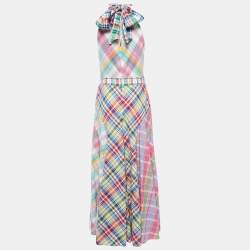 Pre Owned Polo Ralph Lauren Multicolor Check Print Cotton Halterneck Dress M