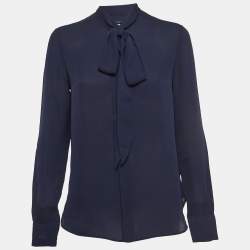 مملوكة مسبقًا Polo Ralph Lauren Navy Blue Silk Tie-Up Neck Shirt XS