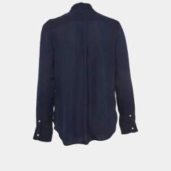 مملوكة مسبقًا Polo Ralph Lauren Navy Blue Silk Tie-Up Neck Shirt XS