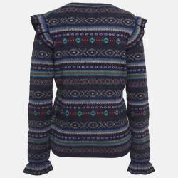 مملوكة مسبقًا Polo Ralph Lauren Navy Blue Patterned Wool Blend Ruffled Sweater L