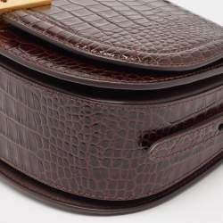 Pre Owned Polo Ralph Lauren Brown Croc Embossed Leather Saddle Crossbody Bag