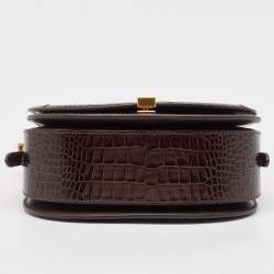 Pre Owned Polo Ralph Lauren Brown Croc Embossed Leather Saddle Crossbody Bag