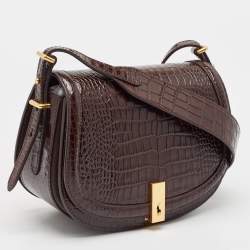 Pre Owned Polo Ralph Lauren Brown Croc Embossed Leather Saddle Crossbody Bag
