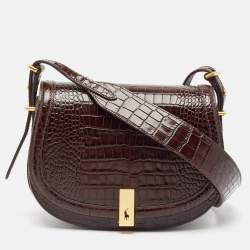 Pre Owned Polo Ralph Lauren Brown Croc Embossed Leather Saddle Crossbody Bag