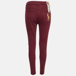 Pre Owned Polo Ralph Lauren Embroidered Burgundy Denim Skinny Jeans M Waist 28"