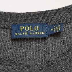 مملوكة مسبقًا Polo Ralph Lauren Grey Suede Trim Rib Knit Sweatshirt M