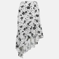 مملوكة مسبقًا Polo Ralph Lauren White Floral Print Linen Ruffled Asymmetric Skirt L