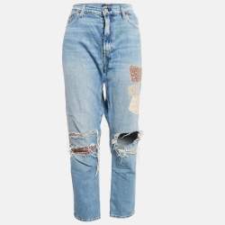 مملوكة مسبقًا Polo Ralph Lauren Blue Patchwork Denim Boyfriend Jeans L Waist 36"