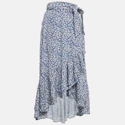 Pre Owned Polo Ralph Lauren Blue Floral Print Viscose Ruffled Midi Wrap Skirt M