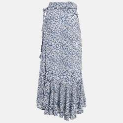 Pre Owned Polo Ralph Lauren Blue Floral Print Viscose Ruffled Midi Wrap Skirt M