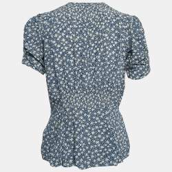 Pre Owned Polo Ralph Lauren Blue Floral Crepe Smocked Blouse M