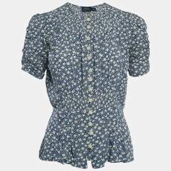 Pre Owned Polo Ralph Lauren Blue Floral Crepe Smocked Blouse M