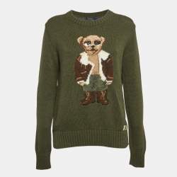 Pre Owned Polo Ralph Lauren Olive Green Bear Intarsia Knit Crew Neck Sweater M
