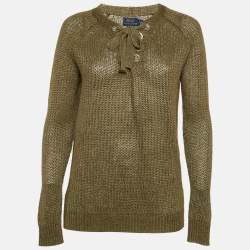 Polo Ralph Lauren Green Linen Rib Knit Lace-Up Sheer Sweater S
