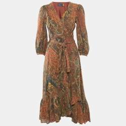 Polo Ralph Lauren Multicolor Printed Cotton Flounce Midi Wrap Dress M