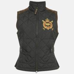 Pre Owned Polo Ralph Lauren Black Embroidered Nylon Leather Trim Quilted Vest M