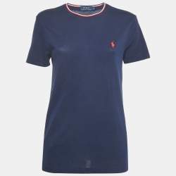Pre Owned Polo Ralph Lauren Navy Blue Logo Embroidered Cotton Crewneck T-Shirt S