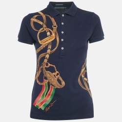 Pre Owned Ralph Lauren Navy Blue Belt Chain Print Cotton Skinny Polo T-Shirt S