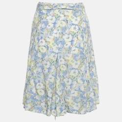 Pre Owned تنورة بولو رالف لورين كريب بزهور زرقاء/بيضاء بتصميم لف مقاس كبير جداً (اكس لارج)