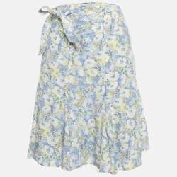 Pre Owned Polo Ralph Lauren Blue/White Floral Print Crepe Wrap Skirt XL
