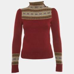 Pre Owned Polo Ralph Lauren Burgundy Intarsia Wool High-Neck Sweater XS