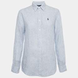 Pre Owned Polo Ralph Lauren White/Blue Striped Linen Relaxed Fit Shirt S 
