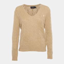 Pre Owned Polo Ralph Lauren Brown Cable Knit V-Neck Sweater L