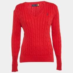 Pre Owned Polo Ralph Lauren Red Cable Knit V-Neck Sweater L
