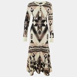 Pre Owned Polo Ralph Lauren Cream Aztec Print Knit Maxi Dress M