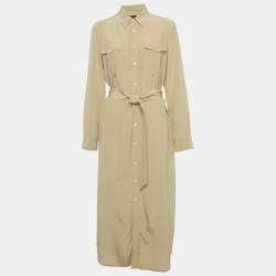 Pre Owned Polo Ralph Lauren Beige Silk Belted Long Shirt Dress L