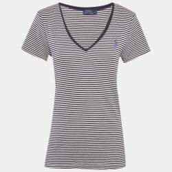 Pre Owned قميص بولو رالف لورين قطن نيلي وأبيض مخطط برقبة V مقاس كبير (لارج)