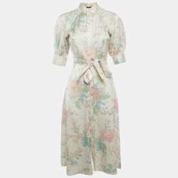 Pre Owned Polo Ralph Lauren Cream Satin Floral Print Belted Dress XS