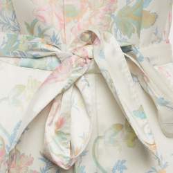 Pre Owned Polo Ralph Lauren Cream Satin Floral Print Belted Dress XS