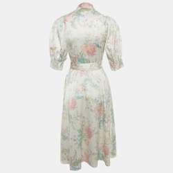 Pre Owned Polo Ralph Lauren Cream Satin Floral Print Belted Dress XS