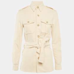 مملوكة مسبقًا قميص جاكيت بولو من رالف لو رين قماش فلانيل بيج بحزام مقاس صغير (إكس سمول)